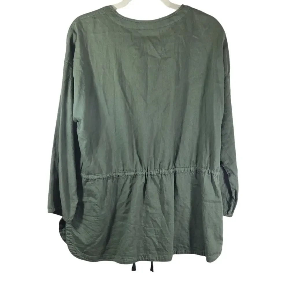 Eileen Fisher‎ Soft Organic Cotton Twill Round Neck Drawstring Jacket Sz M Green